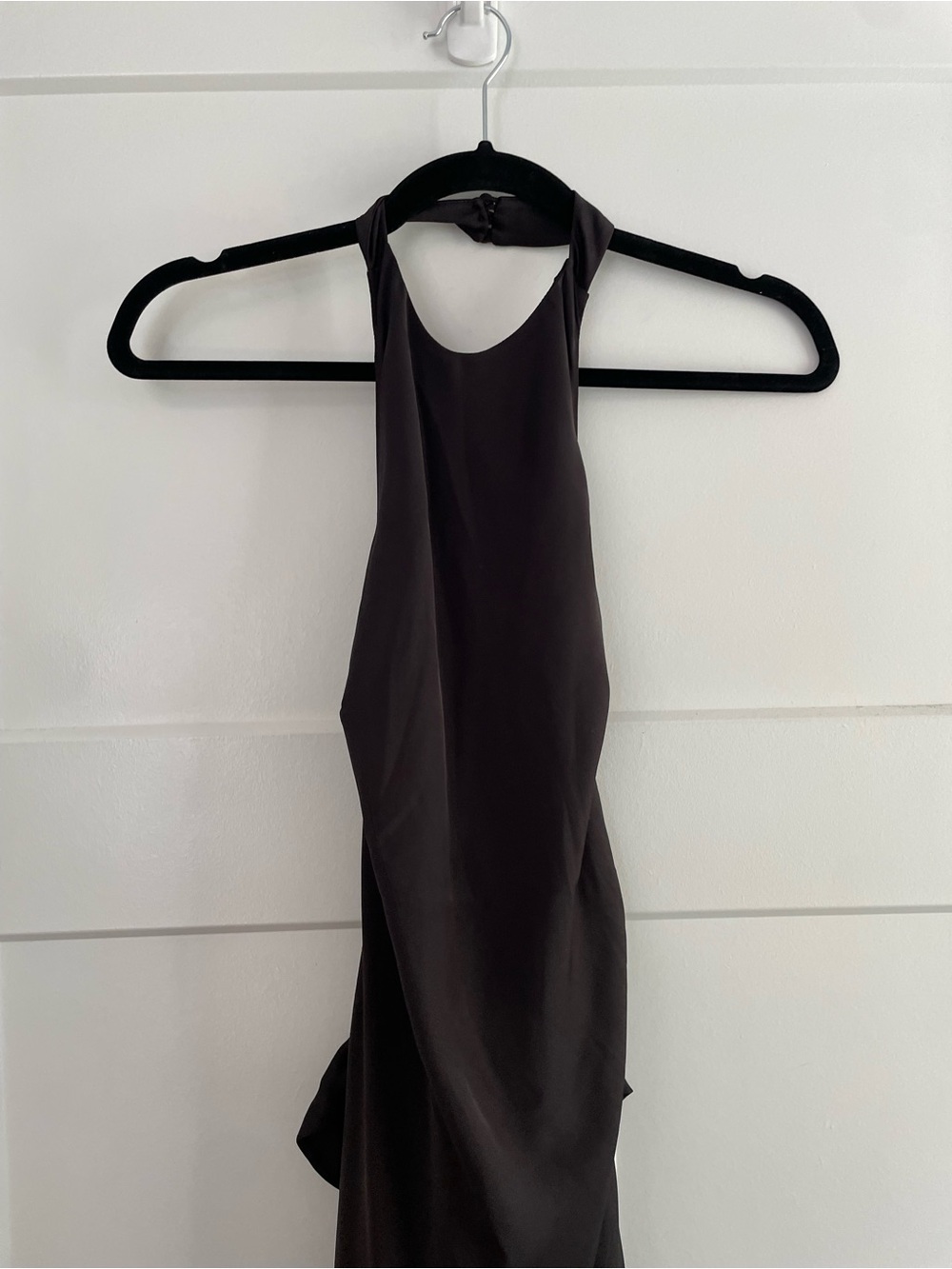 NWT Meshki Rinna Satin Halter Maxi Dress in Black w/ Feather Boa - Picture 7 of 12